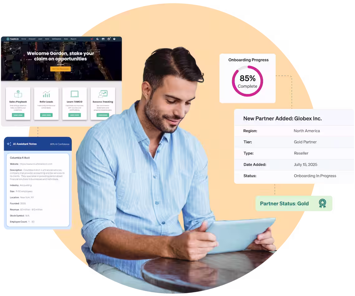 A man examines a tablet, with information about onboarding a new partner, including AI Assistant Notes