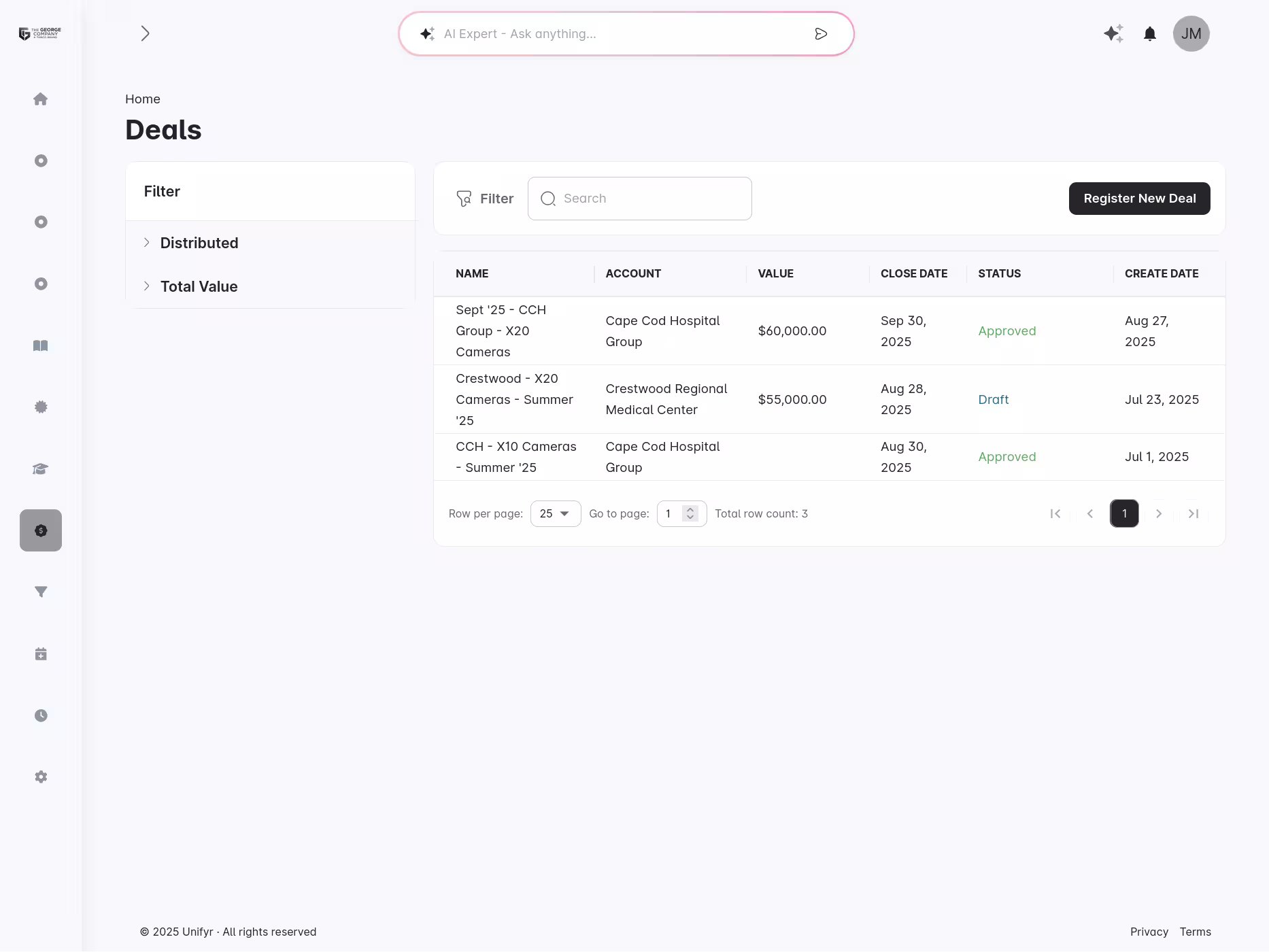 Deal registration dashboard
